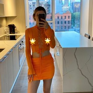 Dolls Kill Poster Girl Ruched Mesh Lace Up Top and Skirt Set